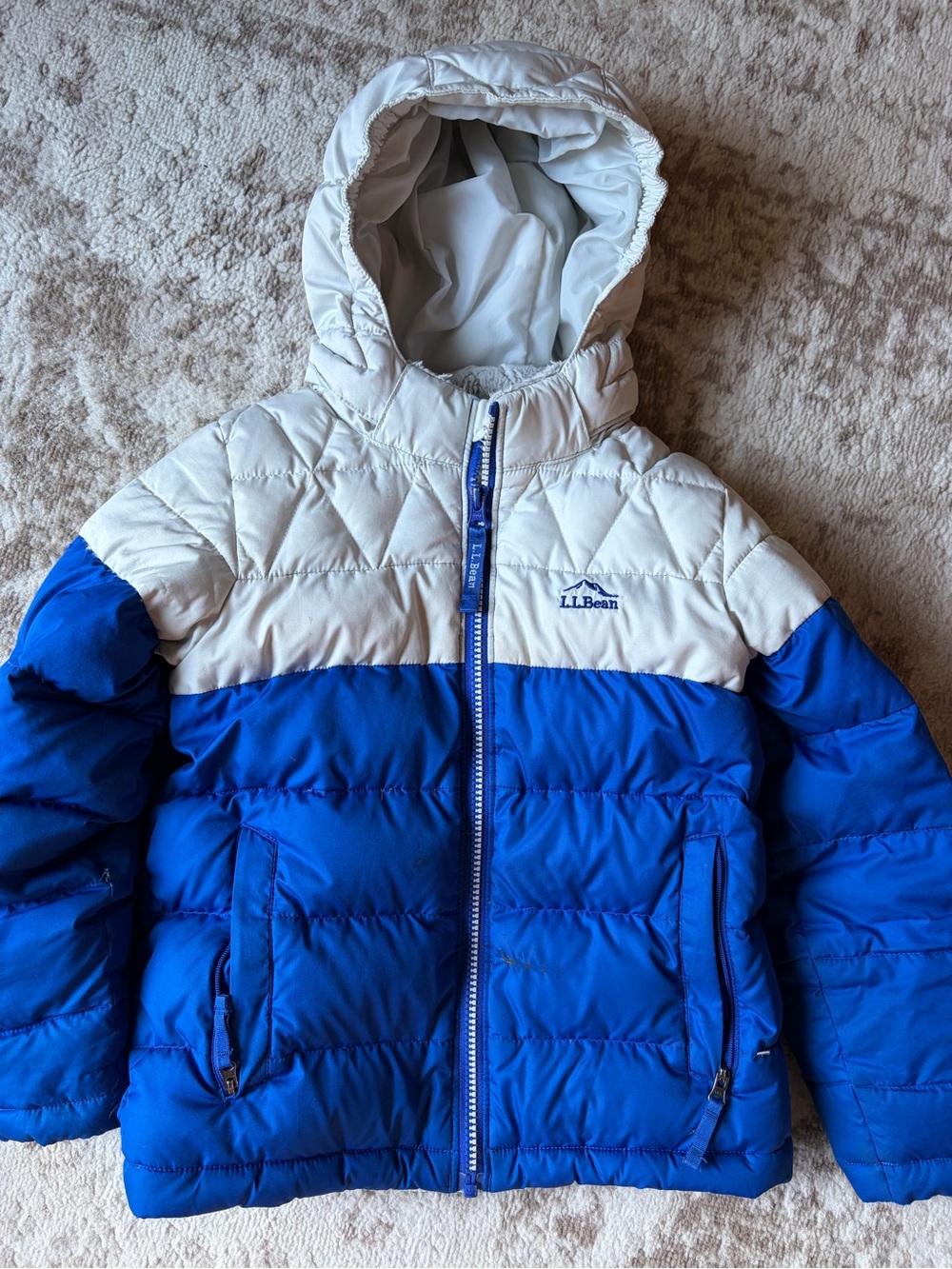 L.L. Bean Kids Colorblock Blue and White Puffer Jacket with Hood
